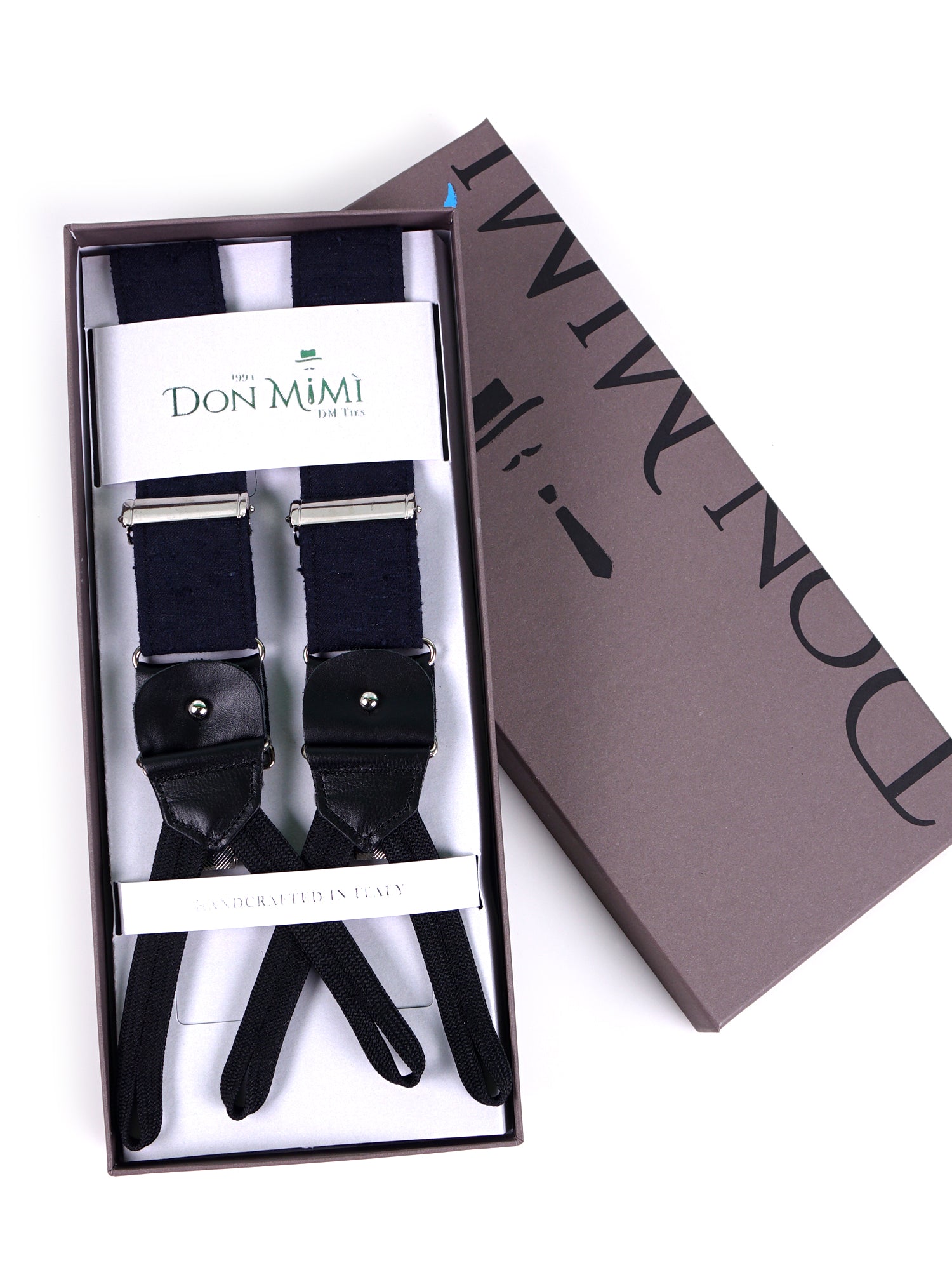 Bretella a Y in seta shantung blu scuro con lacci in tessuto neri e clip FARMA