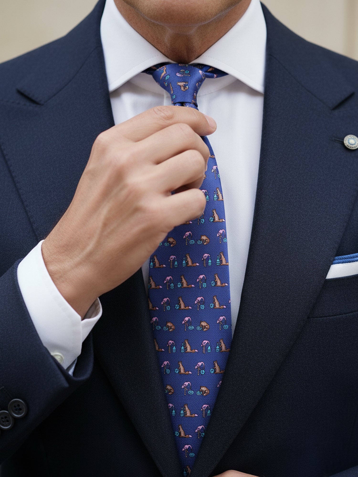 Cravatta blu avion 3 Pieghe FENICOTTERO in seta stampata