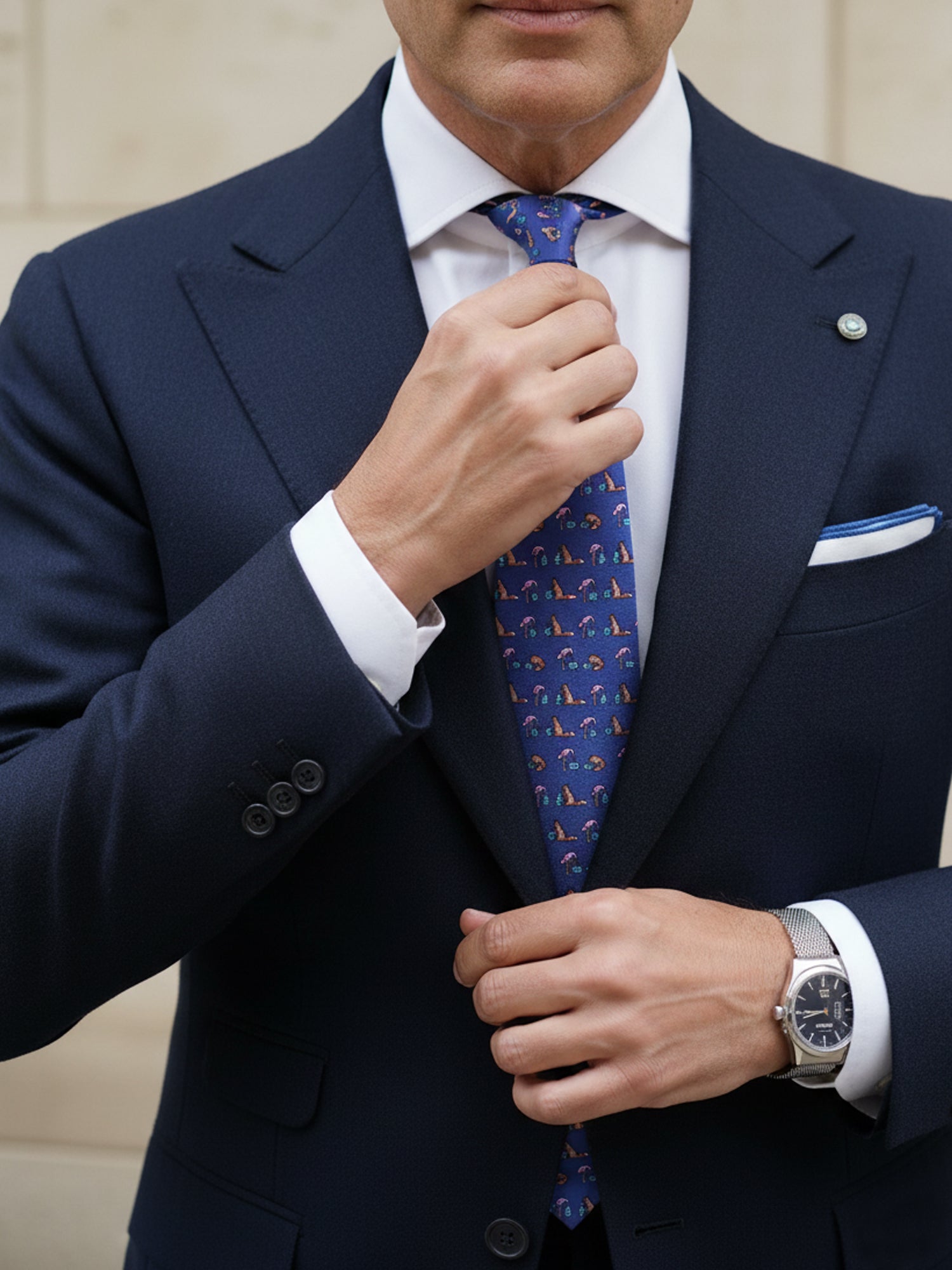 Cravatta blu avion 3 Pieghe FENICOTTERO in seta stampata