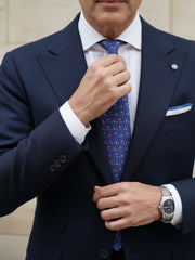 Cravatta blu avion 3 Pieghe FENICOTTERO in seta stampata