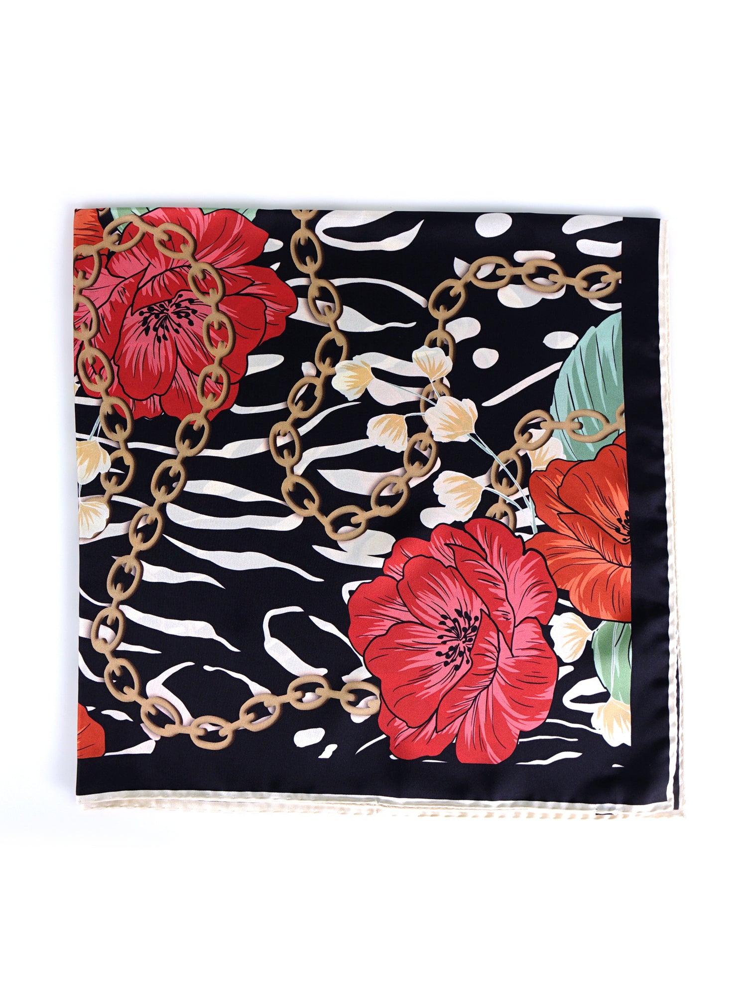 Foulard con fondo nero in pura seta stampata ROSE