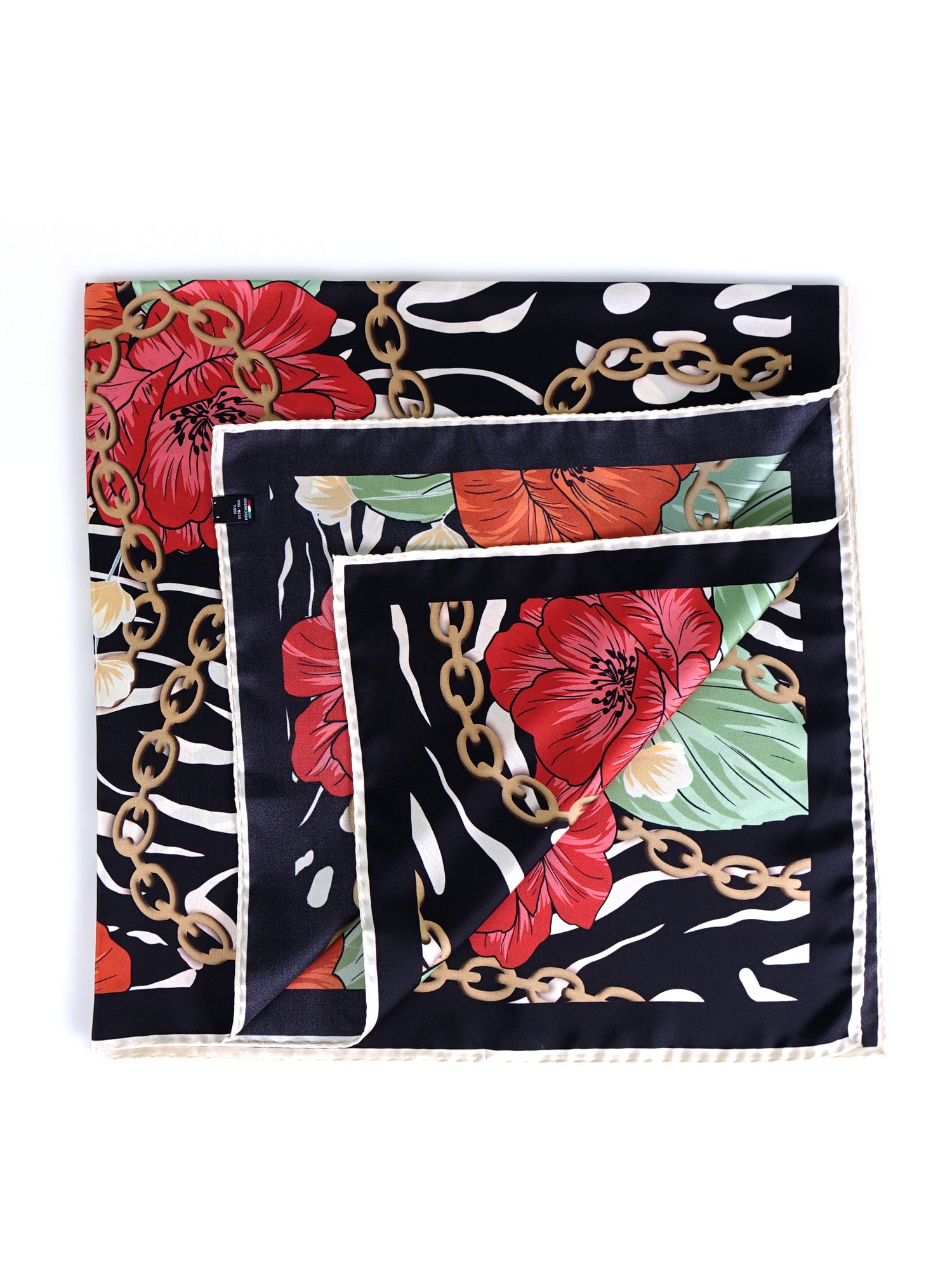 Foulard con fondo nero in pura seta stampata ROSE