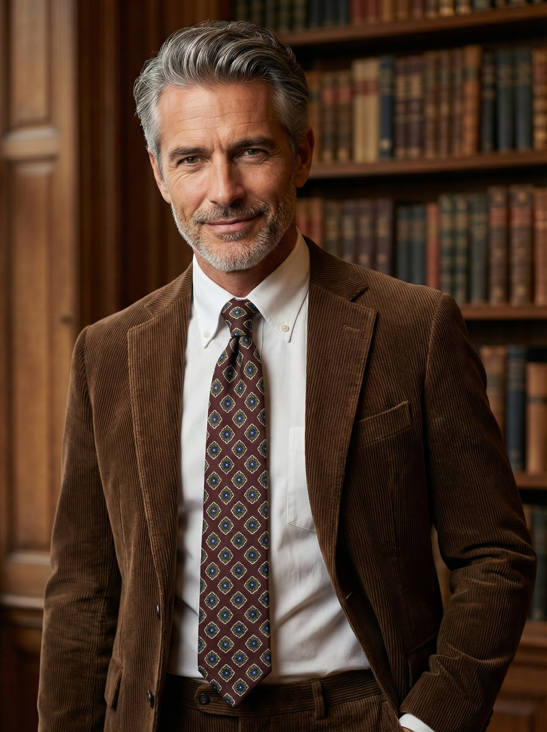 Cravatta marrone 3 Pieghe GASTONE in lana challis stampata inglese