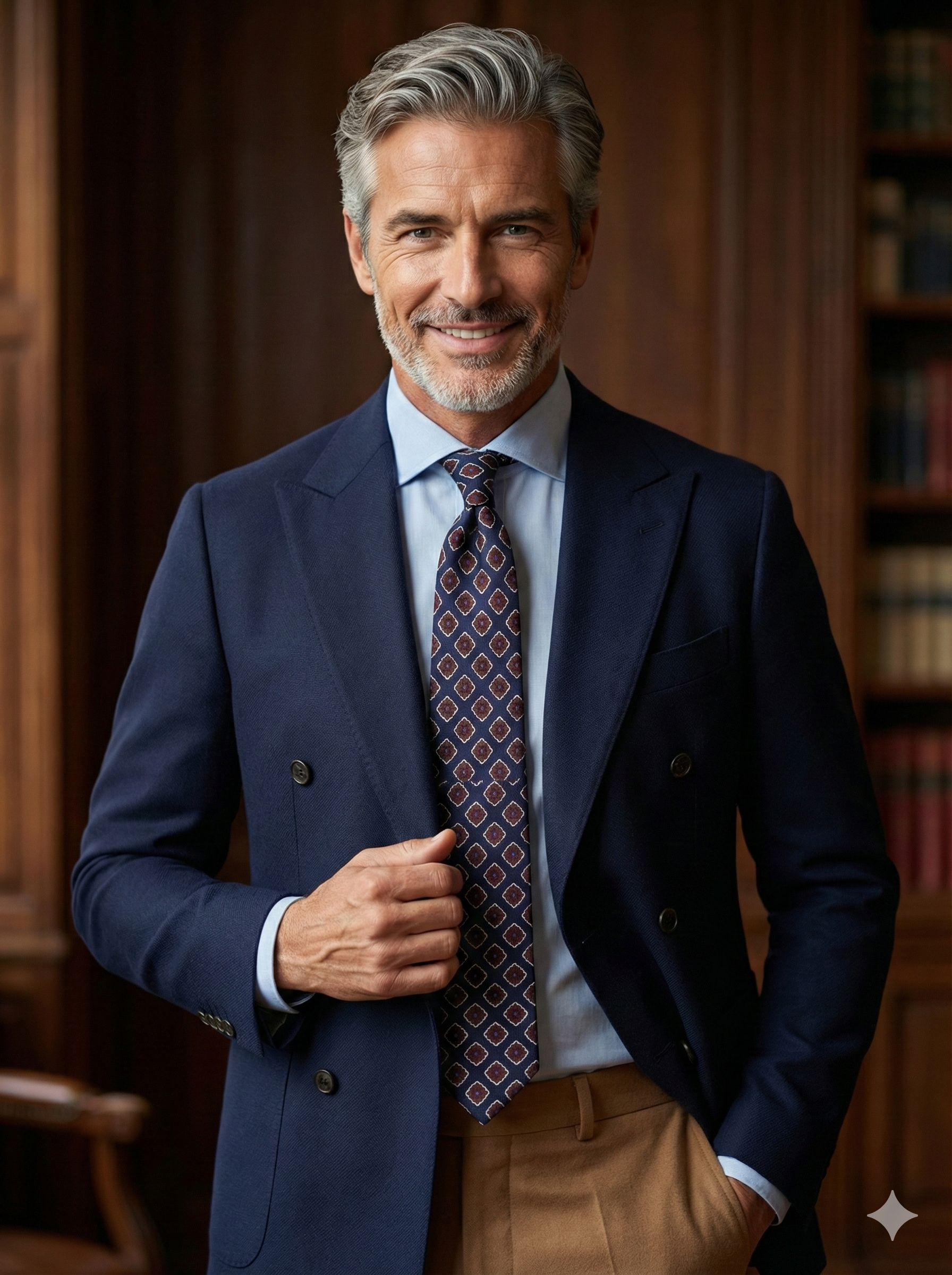 GASTONE 3-Fold Dark Blue Tie in English Printed Challis Wool 