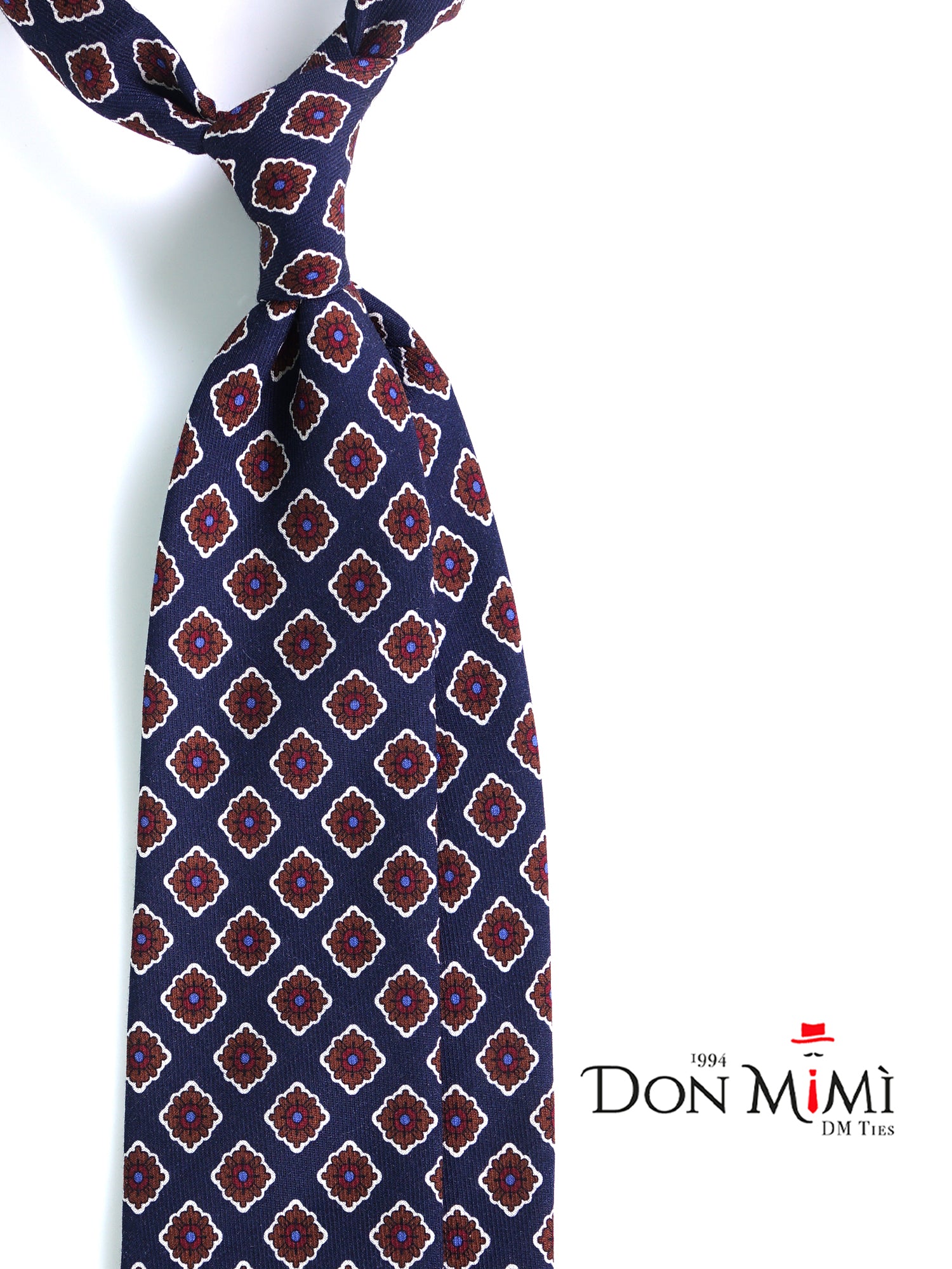 Cravatta blu scuro 3 Pieghe GASTONE in lana challis stampata inglese