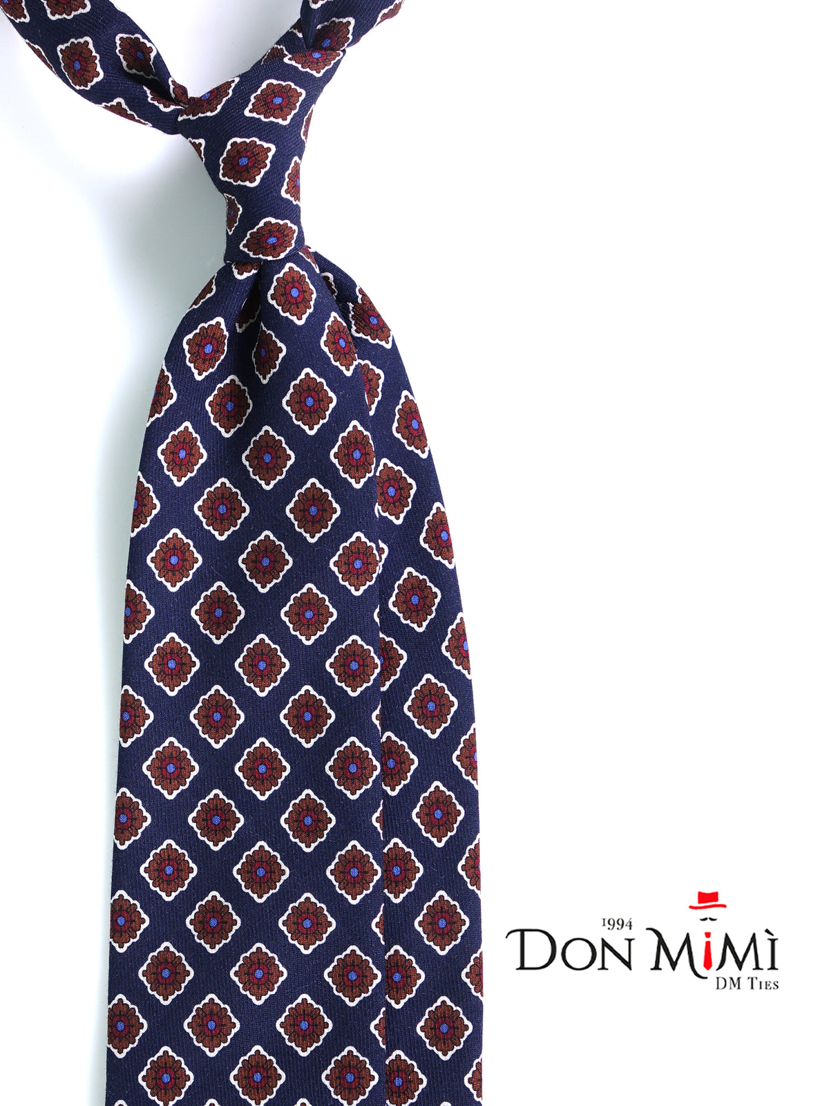 Cravatta blu scuro 3 Pieghe GASTONE in lana challis stampata inglese