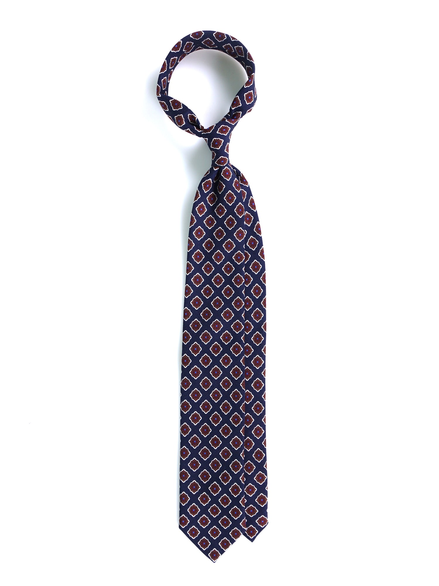 Cravatta blu scuro 3 Pieghe GASTONE in lana challis stampata inglese