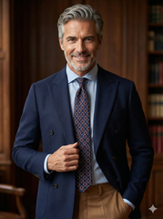 GASTONE 3-Fold Dark Blue Tie in English Printed Challis Wool 