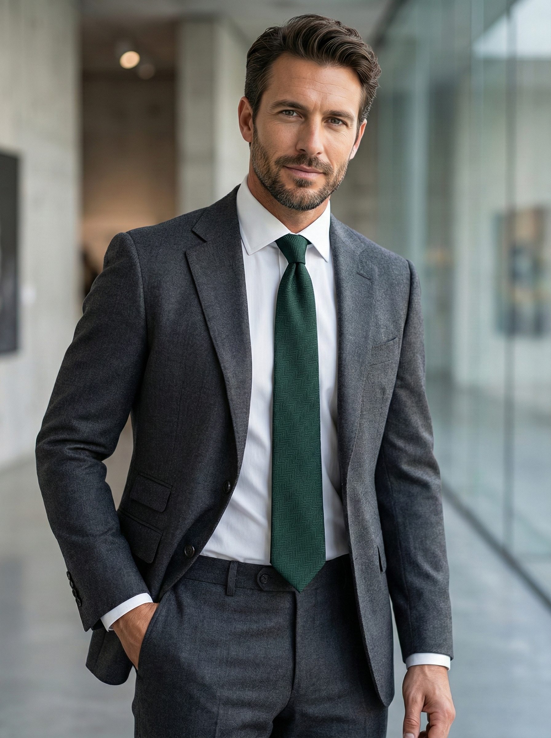 KIKKY 3-Fold Wool/Silk Forest Green Tie