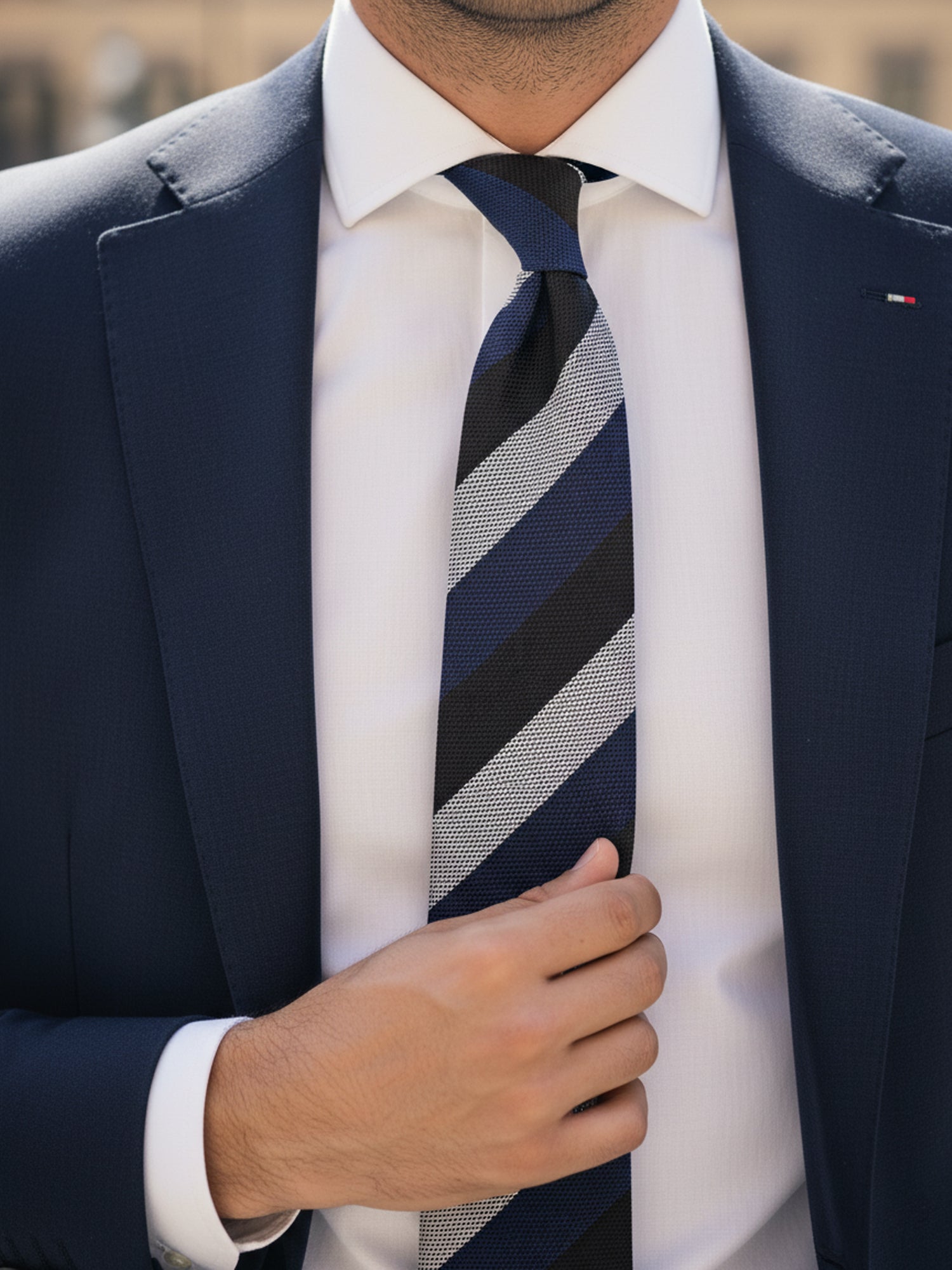 Cravatta blu/marrone 3 pieghe in lana/seta MIRANDA