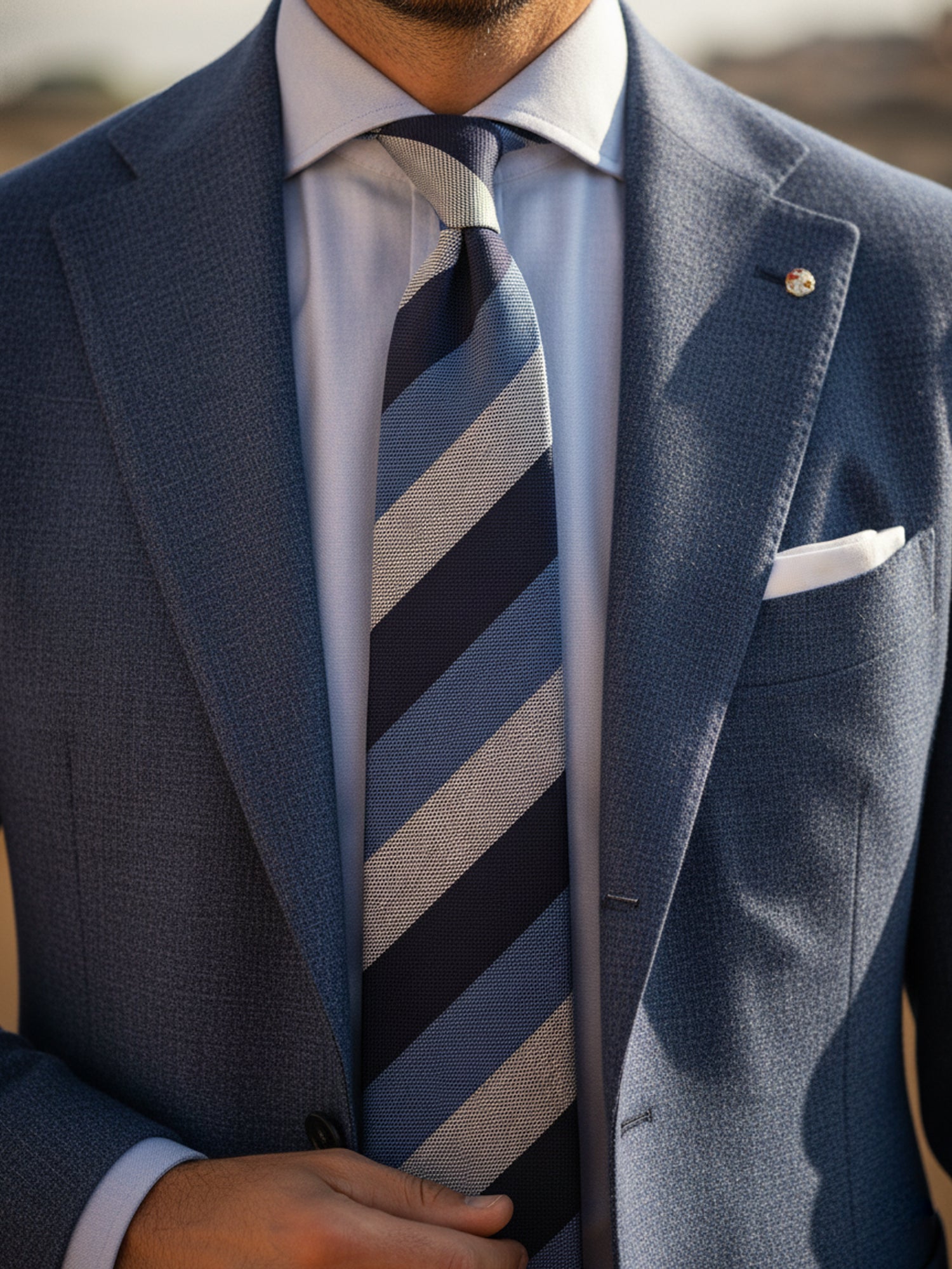 Cravatta blu/celeste 3 pieghe in lana/seta MIRANDA