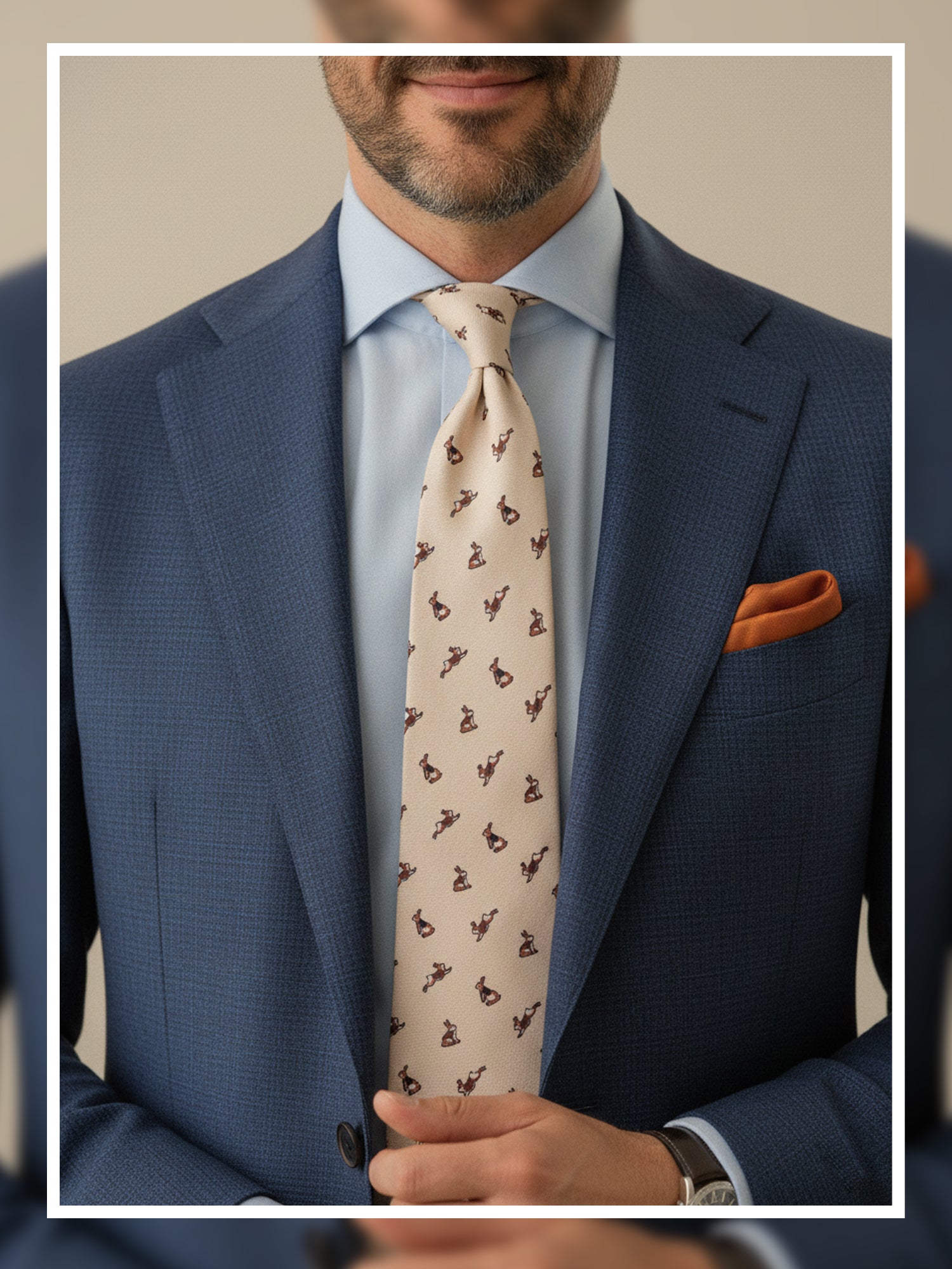 Cravatta avorio 3 Pieghe LEPRE in seta stampata