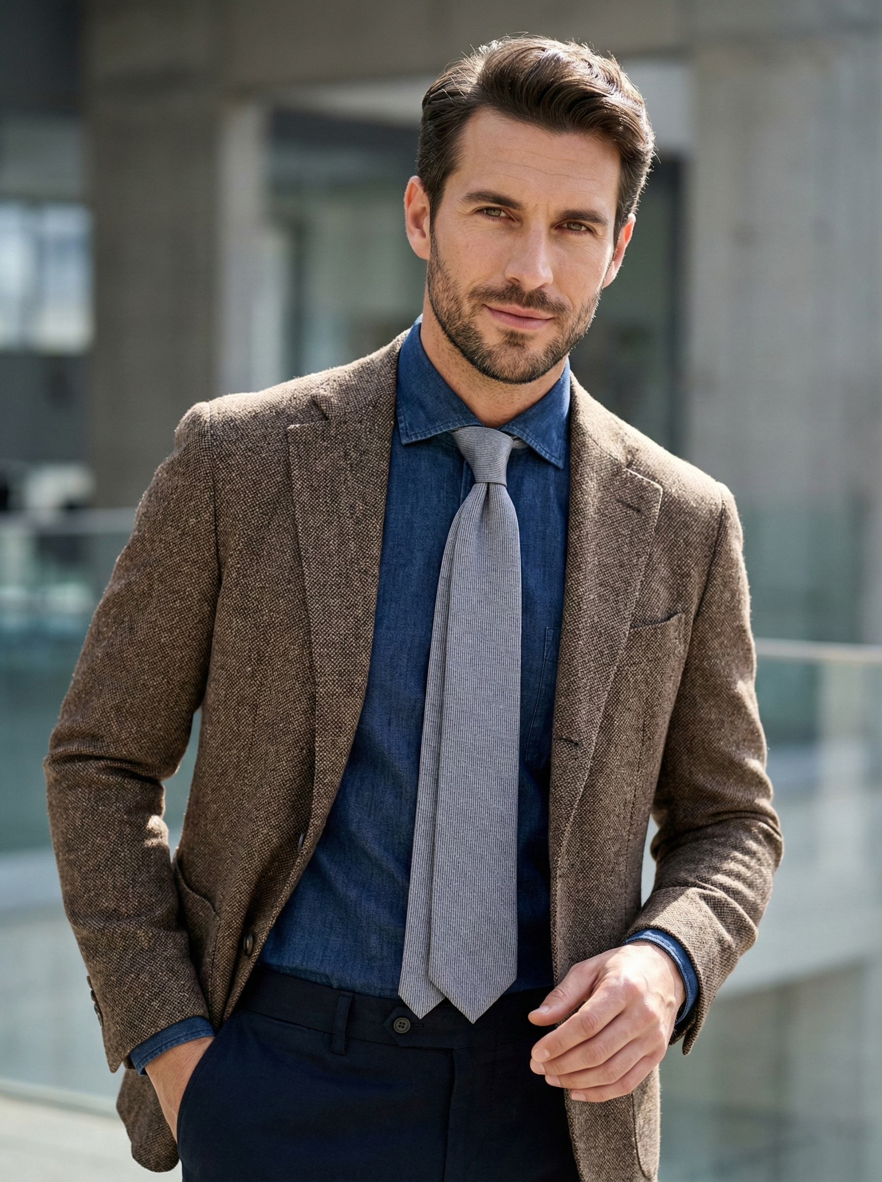 Cravatta grigio 3 Pieghe TINA in lana/seta