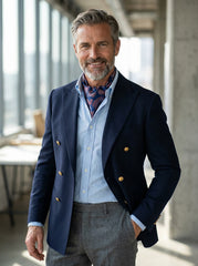 Ascot doppia punta blu in seta raso stampata RONALD