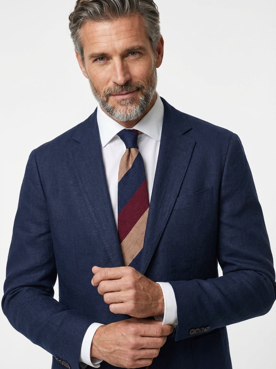 Cravatta 3 pieghe sfoderata in seta shantung blu scuro/beige TRIGA