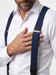 Bretella a Y in seta shantung blu scuro con lacci in tessuto neri e clip FARMA