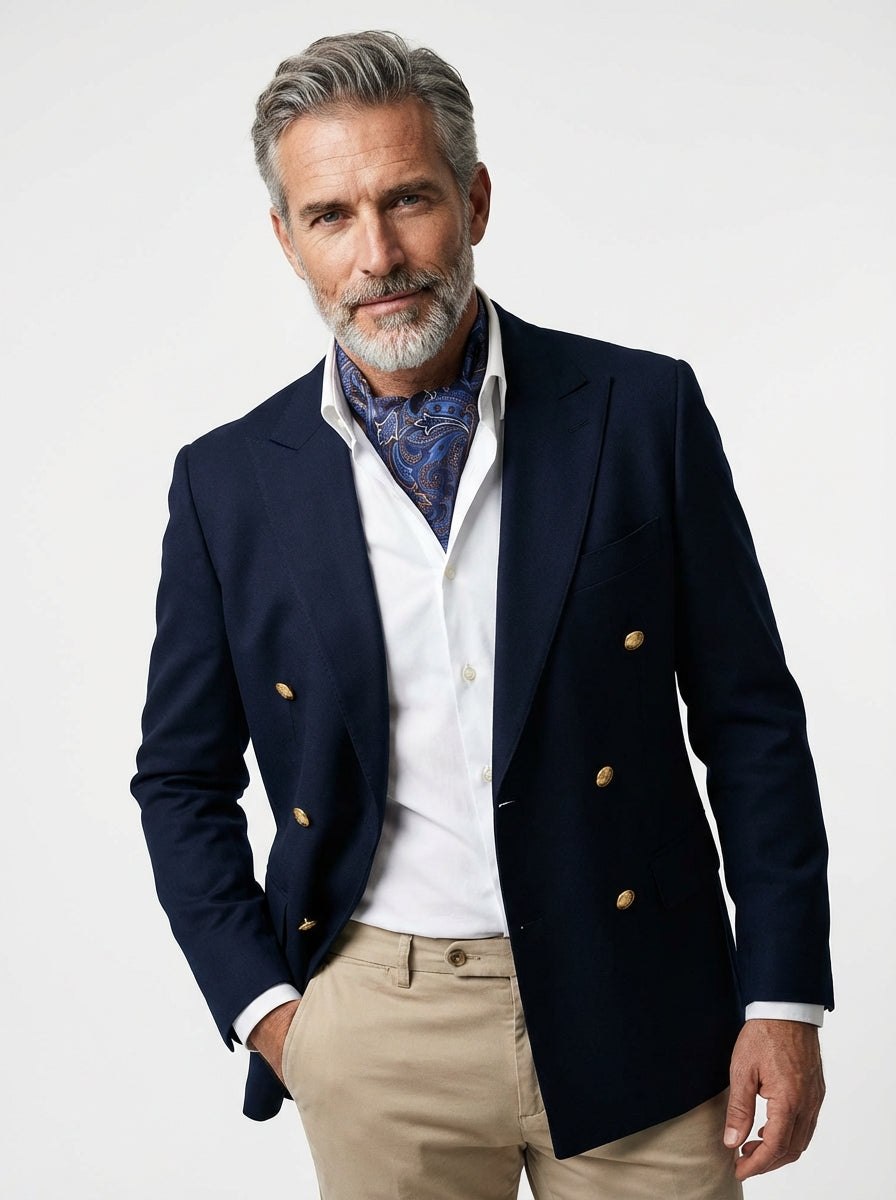 Ascot doppia punta blu in seta stampata ACCIO