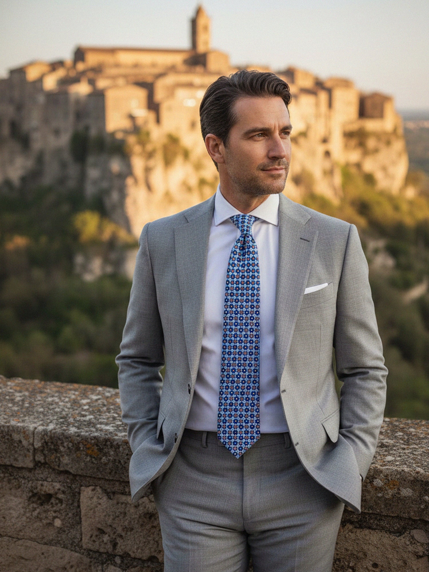 Cravatta celeste 3 Pieghe BEATRYCE in seta stampata