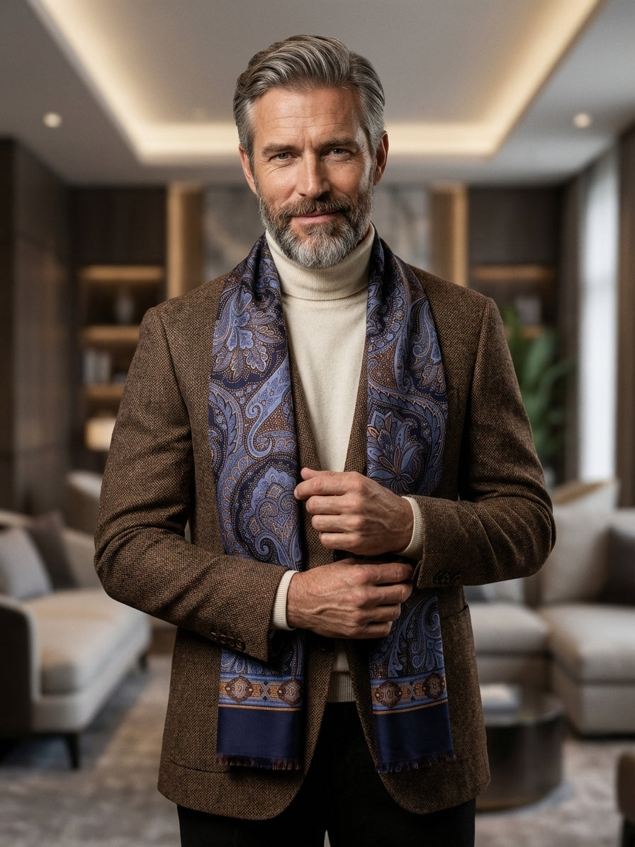 Sciarpa doppiata in seta\lana stampata TIDE blu