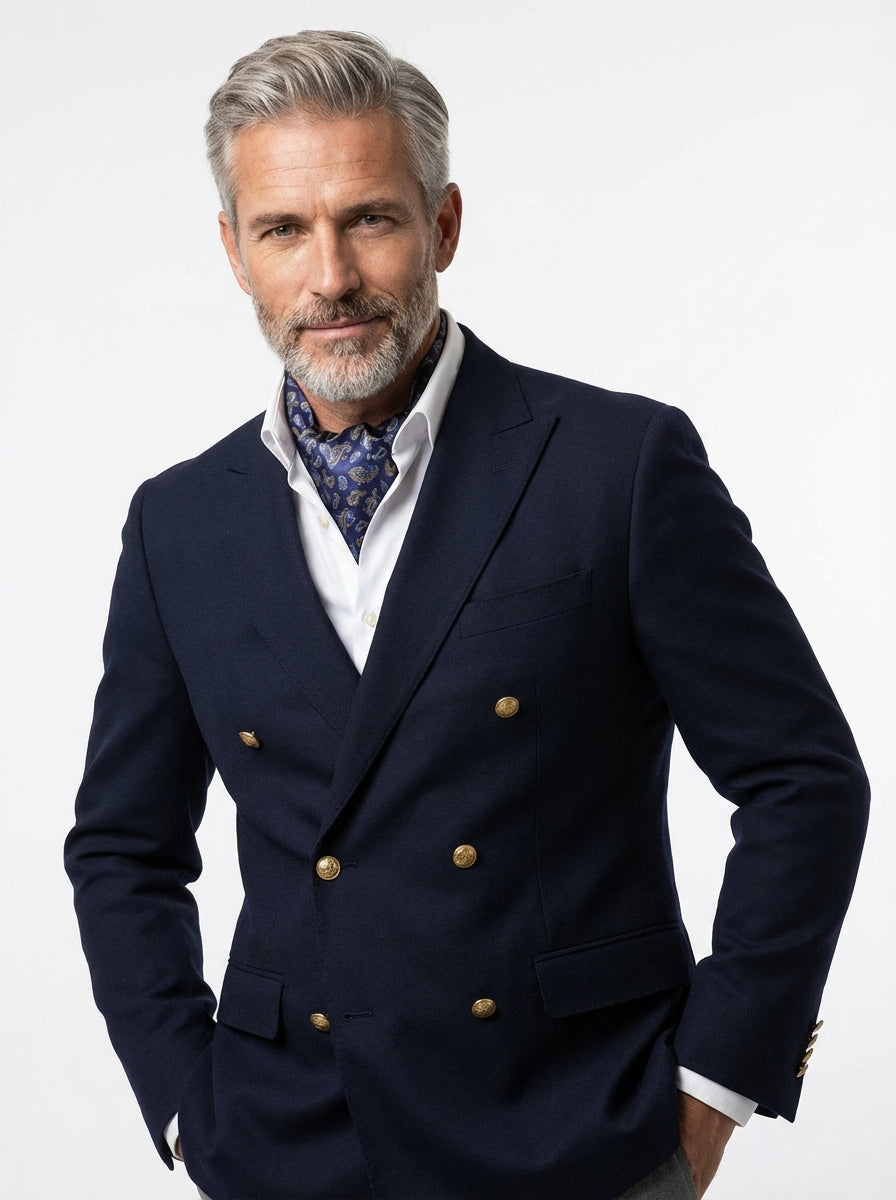 Ascot doppia punta blu in seta raso stampata LEVIOSO