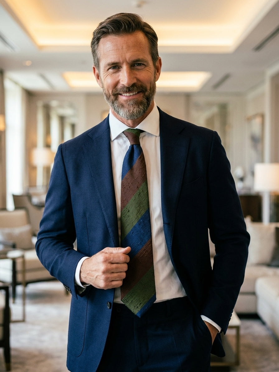 Cravatta 3 pieghe sfoderata verde/blu/marrone in seta shantung TRIGA