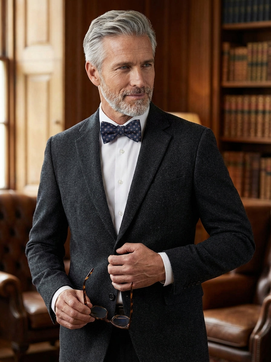 Papillon da annodare in seta stampata BERRY blu scuro