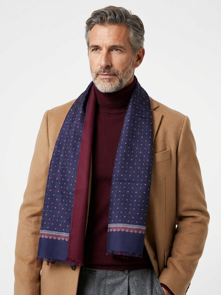 Sciarpa blu navy doppiata in seta\lana stampata MAFFEY