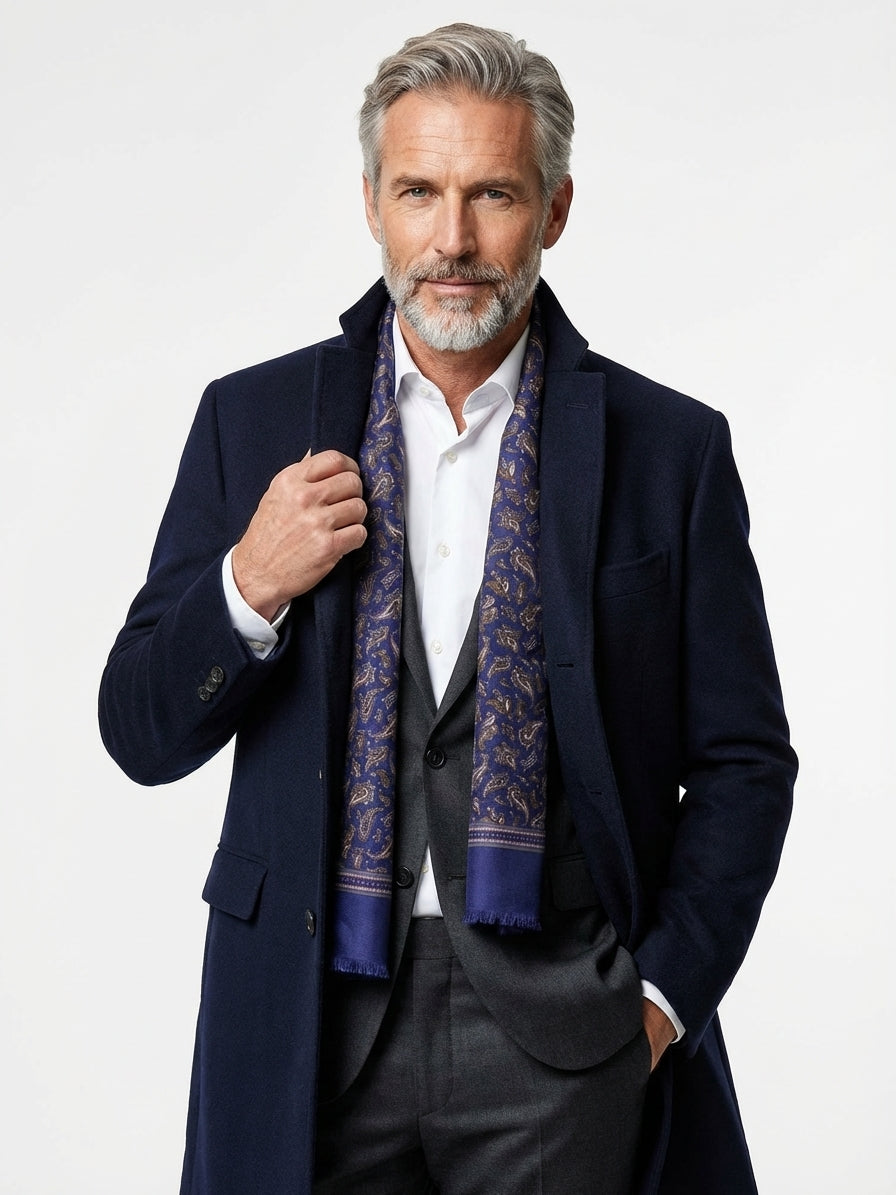 Sciarpa doppiata in seta\lana stampata PRICE blu