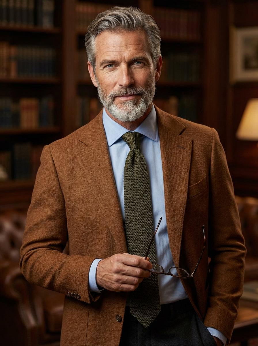 Cravatta tricot in seta verde oliva PROCIDA con punta a V