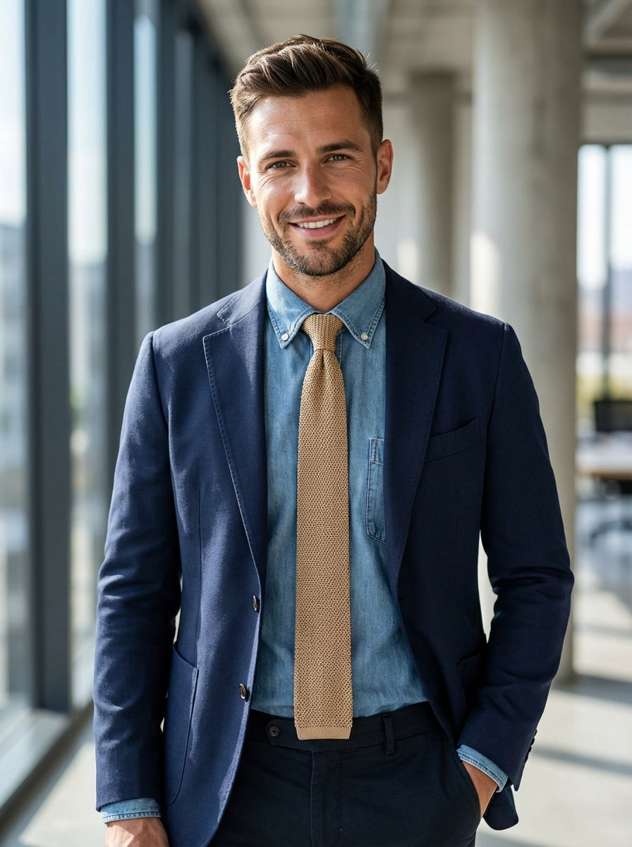 Cravatta a maglia di seta marrone chiaro MACCA