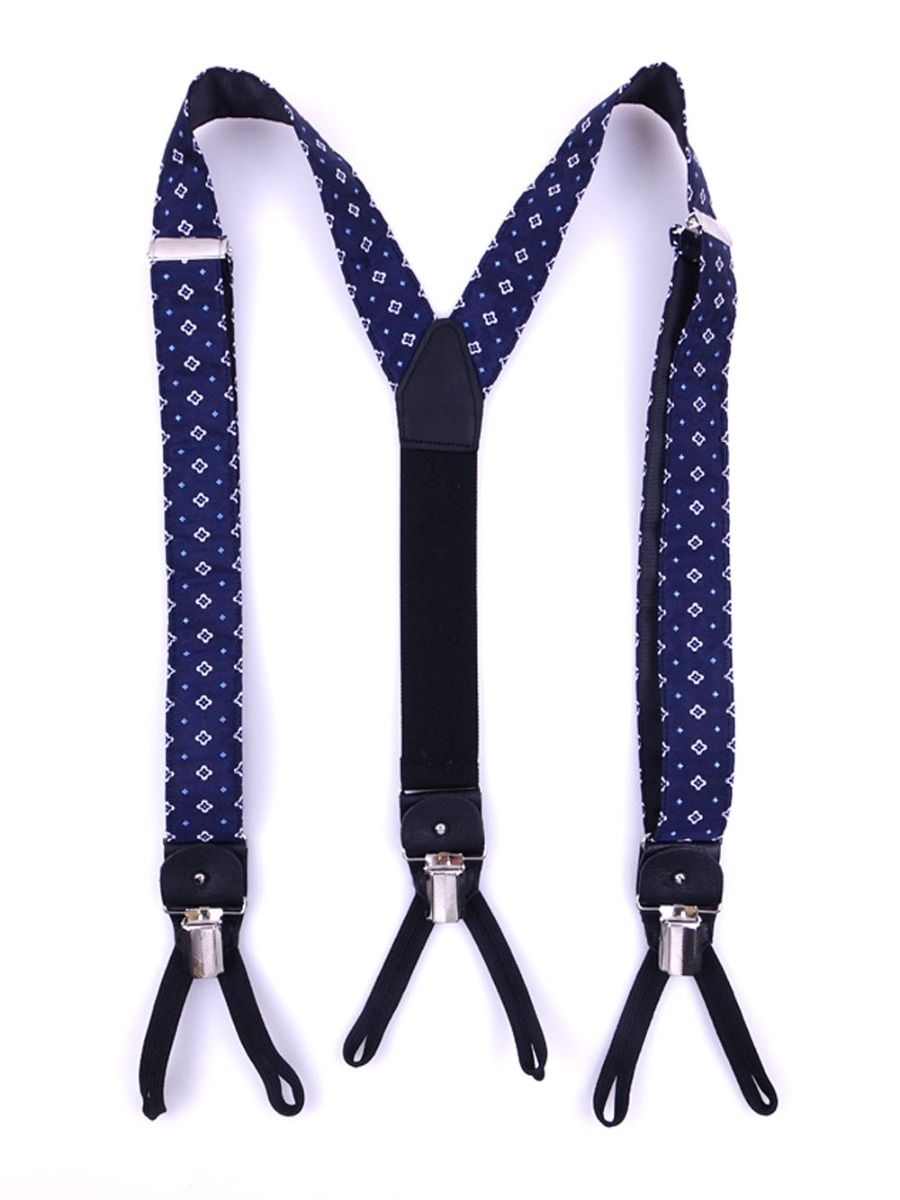 Arosa Mens Suspender Elastic X Back Leather Crosspatch ~ Gift Boxed ~ LIGHT NAVY & WHITE ZIG ZAG Pin Clip