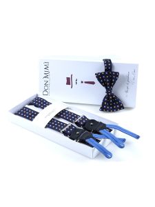 Navy blue printed English silk suspender with laces and clip and matching bow tie